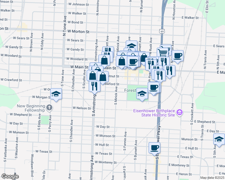 map of restaurants, bars, coffee shops, grocery stores, and more near 320 South Mirick Avenue in Denison