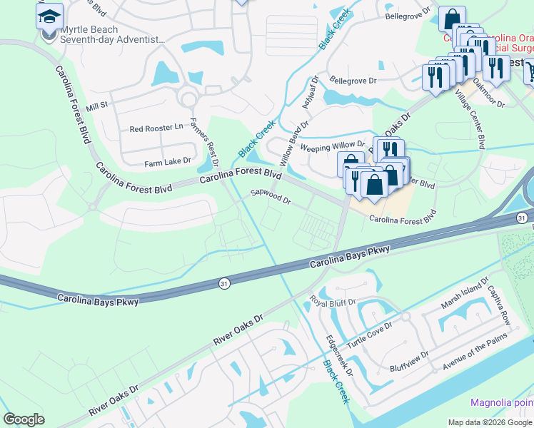 map of restaurants, bars, coffee shops, grocery stores, and more near in Carolina Forest