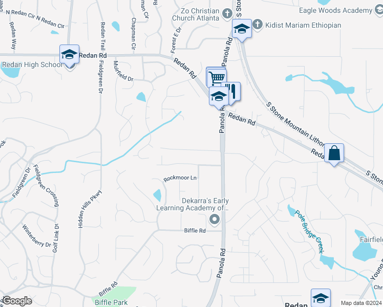 map of restaurants, bars, coffee shops, grocery stores, and more near 5408 Windfern Court in Stone Mountain