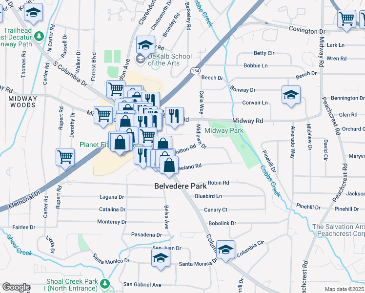 map of restaurants, bars, coffee shops, grocery stores, and more near 3080 Hamilton Road in Decatur