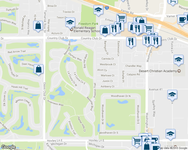 map of restaurants, bars, coffee shops, grocery stores, and more near 40747 Preston Trail in Palm Desert