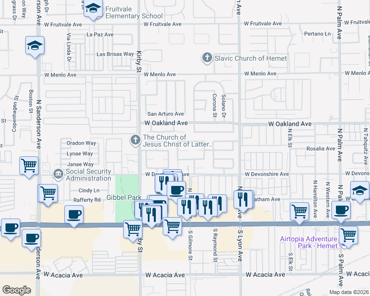 map of restaurants, bars, coffee shops, grocery stores, and more near 2158 Casita Court in Hemet