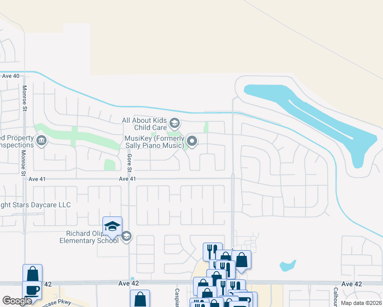 map of restaurants, bars, coffee shops, grocery stores, and more near 40758 Amador Drive in Indio