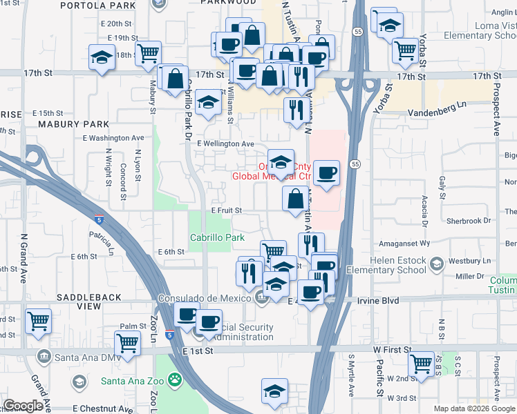 map of restaurants, bars, coffee shops, grocery stores, and more near 902 Dianne Street in Santa Ana