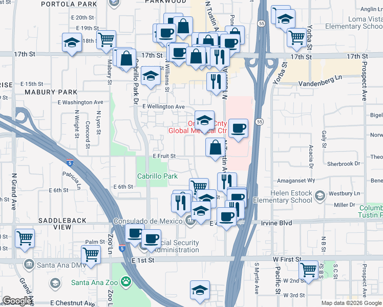 map of restaurants, bars, coffee shops, grocery stores, and more near 902 Dianne Street in Santa Ana