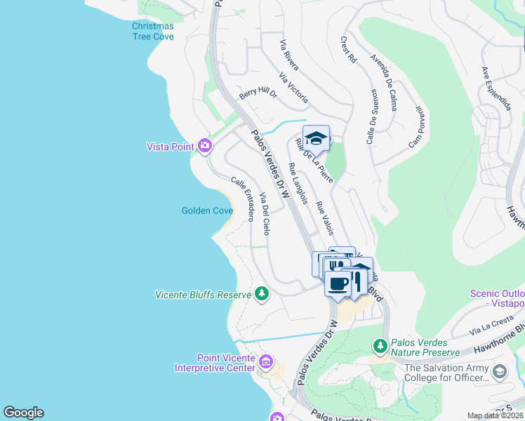 map of restaurants, bars, coffee shops, grocery stores, and more near 31 Via Del Cielo in Rancho Palos Verdes