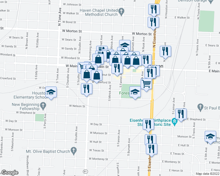 map of restaurants, bars, coffee shops, grocery stores, and more near 333 South Mirick Avenue in Denison