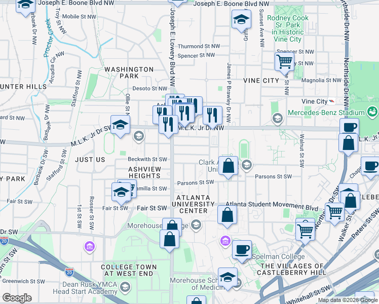 map of restaurants, bars, coffee shops, grocery stores, and more near 869 Drummond Street Southwest in Atlanta