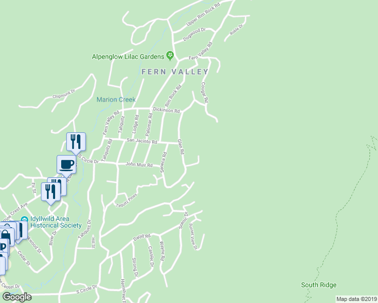 map of restaurants, bars, coffee shops, grocery stores, and more near 25440 Glen Road in Idyllwild-Pine Cove