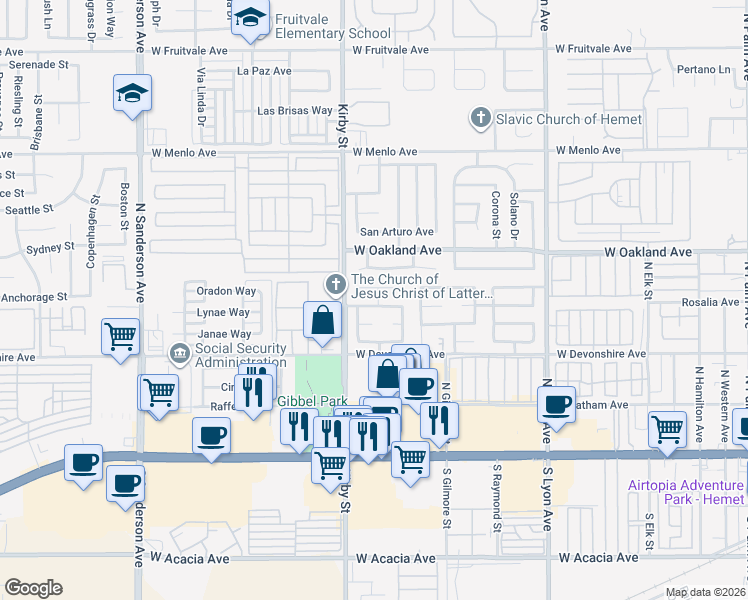 map of restaurants, bars, coffee shops, grocery stores, and more near 2380 Cristobal Avenue in Hemet
