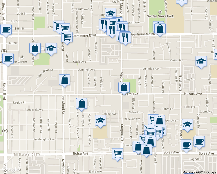 map of restaurants, bars, coffee shops, grocery stores, and more near 14451 Strait Place in Westminster