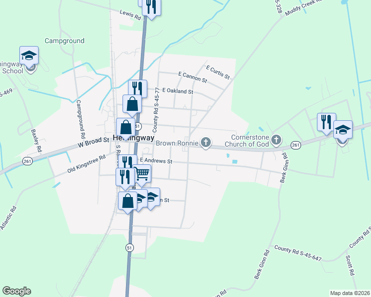 map of restaurants, bars, coffee shops, grocery stores, and more near 311 East Broad Street in Hemingway