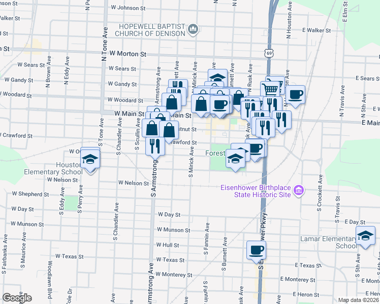 map of restaurants, bars, coffee shops, grocery stores, and more near 331 South Mirick Avenue in Denison