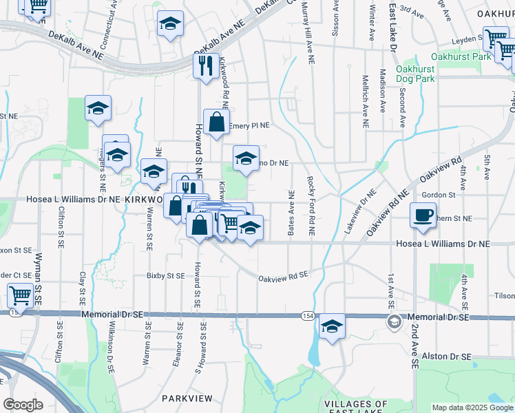 map of restaurants, bars, coffee shops, grocery stores, and more near 2077 Ridgedale Road Northeast in Atlanta