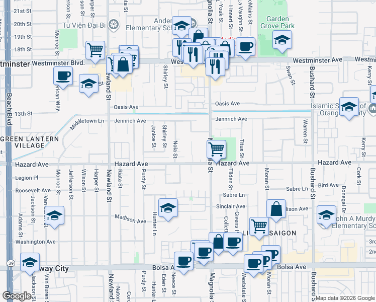 map of restaurants, bars, coffee shops, grocery stores, and more near 14451 Strait Place in Westminster