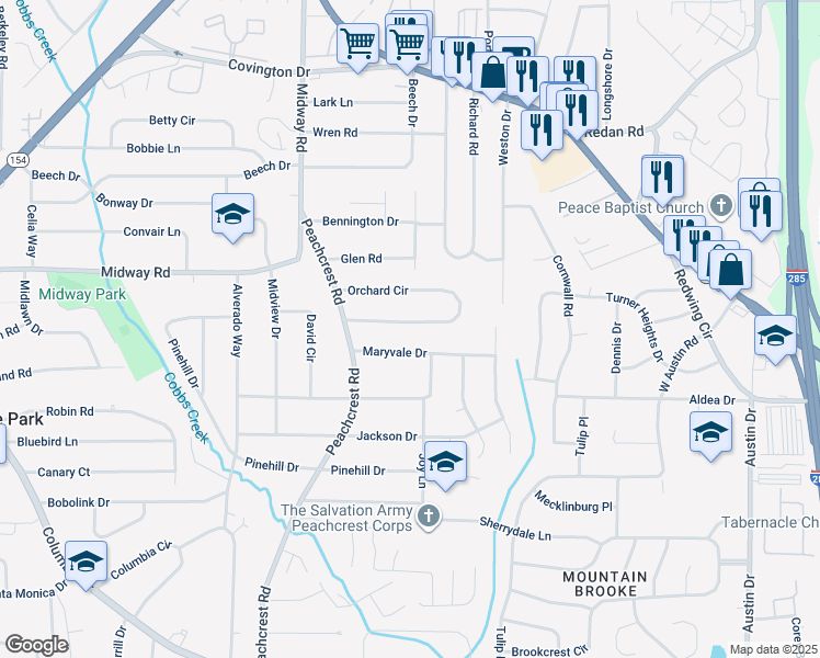 map of restaurants, bars, coffee shops, grocery stores, and more near 3592 Orchard Circle in Decatur