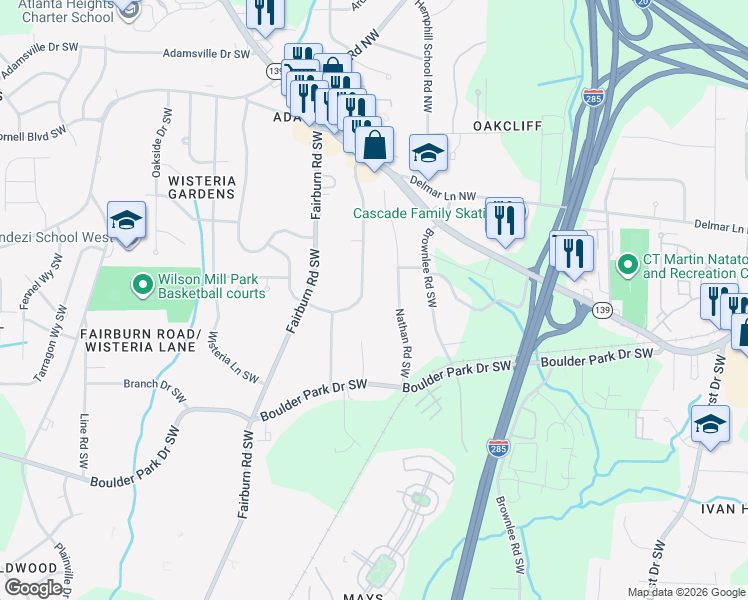 map of restaurants, bars, coffee shops, grocery stores, and more near 141 Nathan Road Southwest in Atlanta