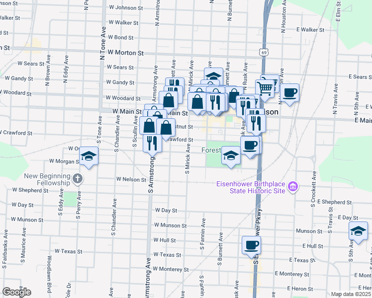 map of restaurants, bars, coffee shops, grocery stores, and more near 331 South Mirick Avenue in Denison