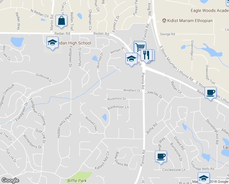 map of restaurants, bars, coffee shops, grocery stores, and more near 5372 Windfern Court in Stone Mountain