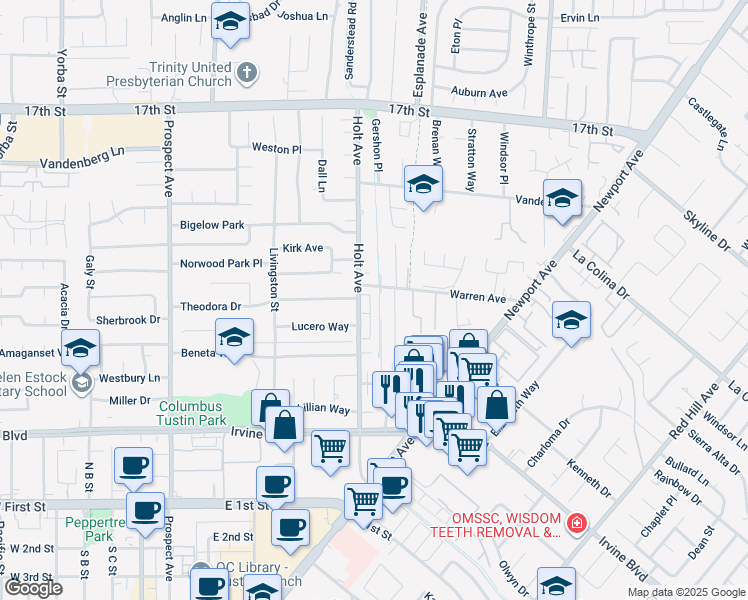 map of restaurants, bars, coffee shops, grocery stores, and more near 14461 Clarissa Lane in Tustin