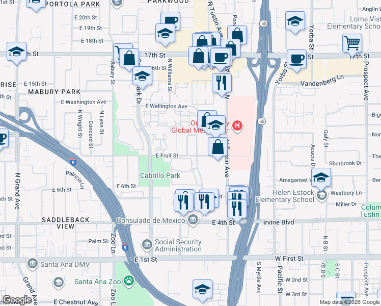 map of restaurants, bars, coffee shops, grocery stores, and more near 902 Dianne Street in Santa Ana
