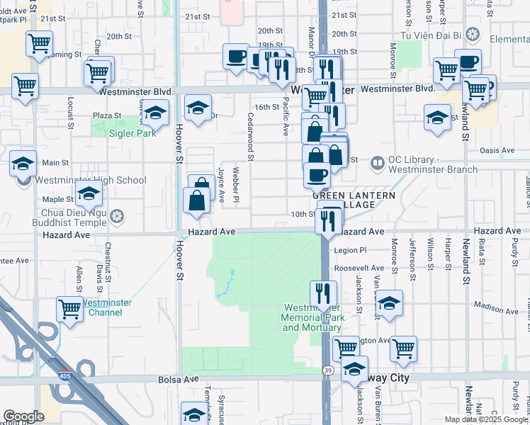 map of restaurants, bars, coffee shops, grocery stores, and more near 7791 10th Street in Westminster