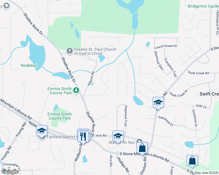 map of restaurants, bars, coffee shops, grocery stores, and more near 5983 Valley Green Road in Lithonia