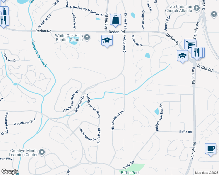 map of restaurants, bars, coffee shops, grocery stores, and more near 5142 Golfbrook Court in Stone Mountain