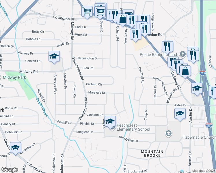 map of restaurants, bars, coffee shops, grocery stores, and more near 3560 Orchard Circle in Decatur
