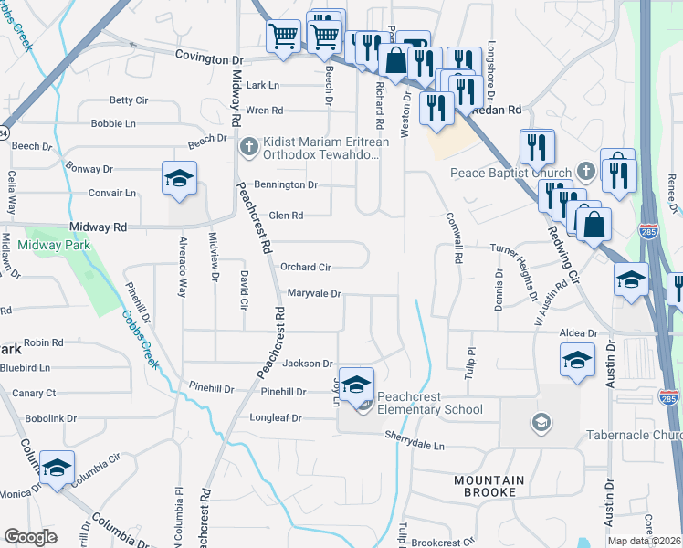 map of restaurants, bars, coffee shops, grocery stores, and more near 3560 Orchard Circle in Decatur