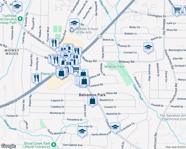 map of restaurants, bars, coffee shops, grocery stores, and more near 3080 Hamilton Road in Decatur