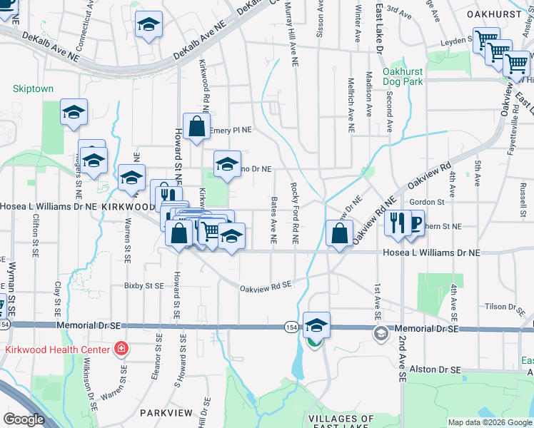 map of restaurants, bars, coffee shops, grocery stores, and more near 2127 Ridgedale Road Northeast in Atlanta