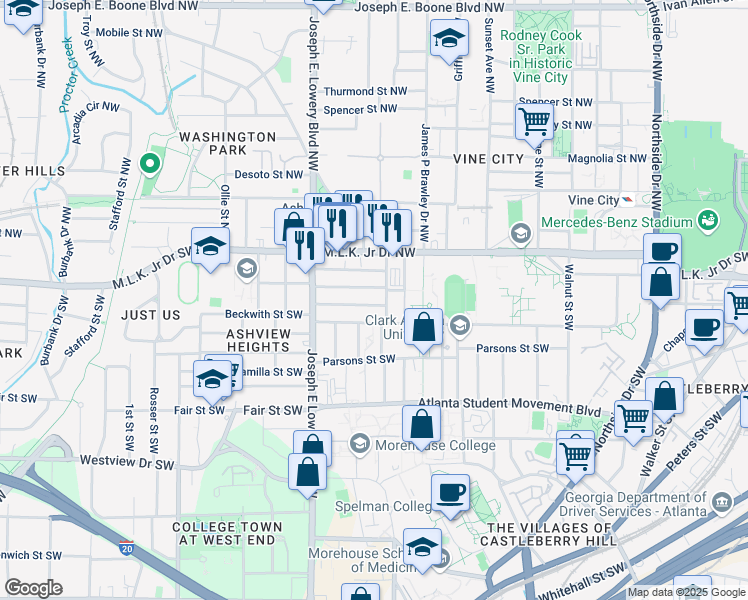 map of restaurants, bars, coffee shops, grocery stores, and more near 835 Drummond Street Southwest in Atlanta