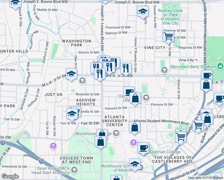 map of restaurants, bars, coffee shops, grocery stores, and more near 869 Drummond Street Southwest in Atlanta