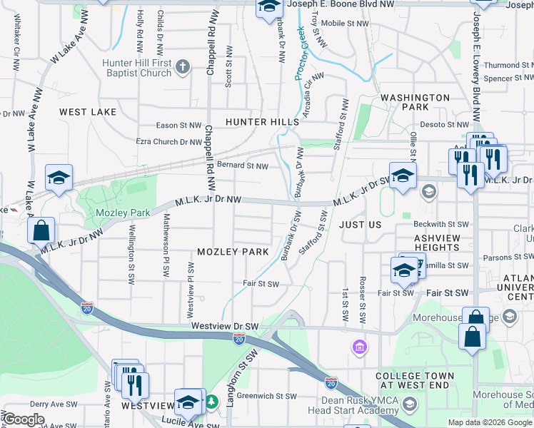map of restaurants, bars, coffee shops, grocery stores, and more near 1313 Thurgood Street Southwest in Atlanta