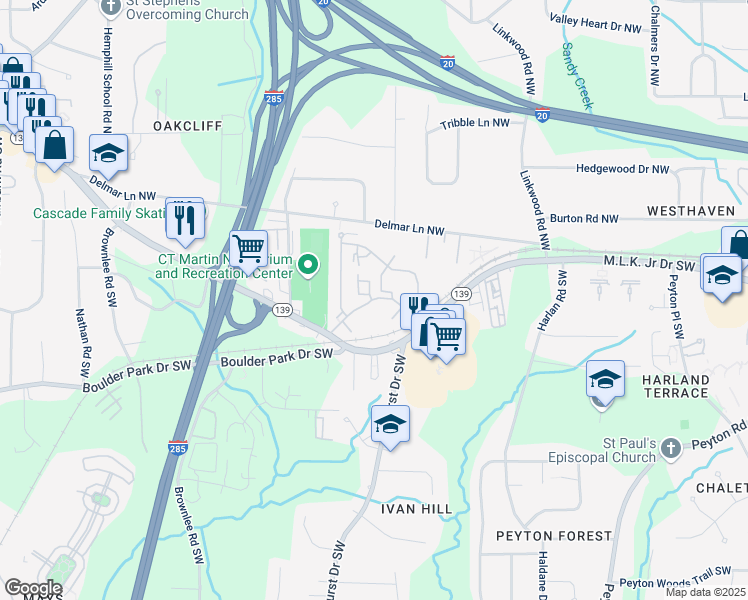 map of restaurants, bars, coffee shops, grocery stores, and more near 3021 Middleton Road Northwest in Atlanta