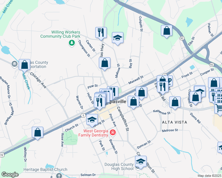 map of restaurants, bars, coffee shops, grocery stores, and more near 8338 Dallas Highway in Douglasville