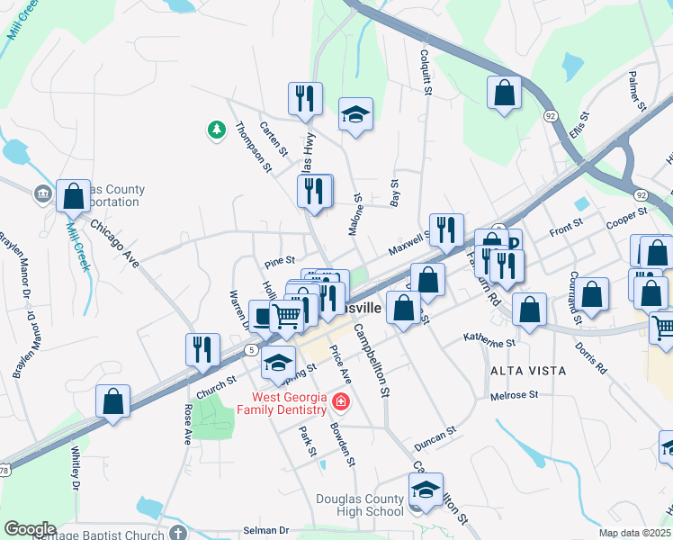 map of restaurants, bars, coffee shops, grocery stores, and more near 8338 Dallas Highway in Douglasville