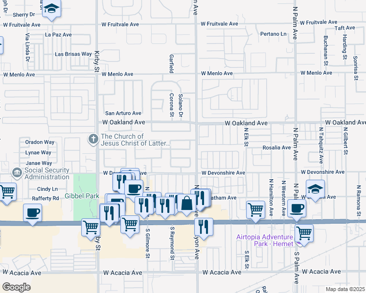 map of restaurants, bars, coffee shops, grocery stores, and more near 1886 Calle Diablo in Hemet