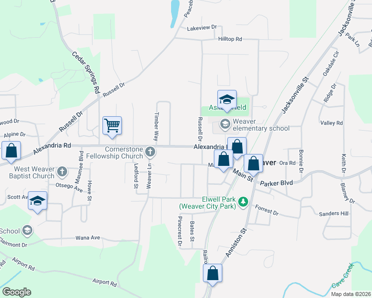 map of restaurants, bars, coffee shops, grocery stores, and more near 506 Alexandria Road in Weaver