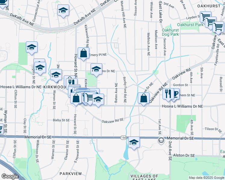 map of restaurants, bars, coffee shops, grocery stores, and more near 2127 Ridgedale Road Northeast in Atlanta