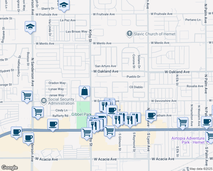 map of restaurants, bars, coffee shops, grocery stores, and more near 2266 Cristobal Avenue in Hemet