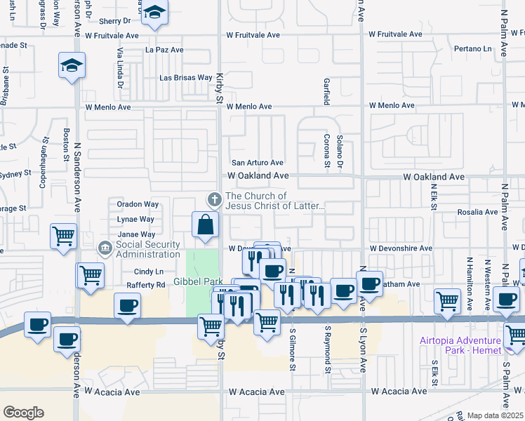 map of restaurants, bars, coffee shops, grocery stores, and more near 2244 Cristobal Avenue in Hemet