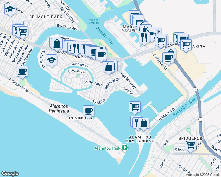 map of restaurants, bars, coffee shops, grocery stores, and more near 5980 East The Toledo in Long Beach
