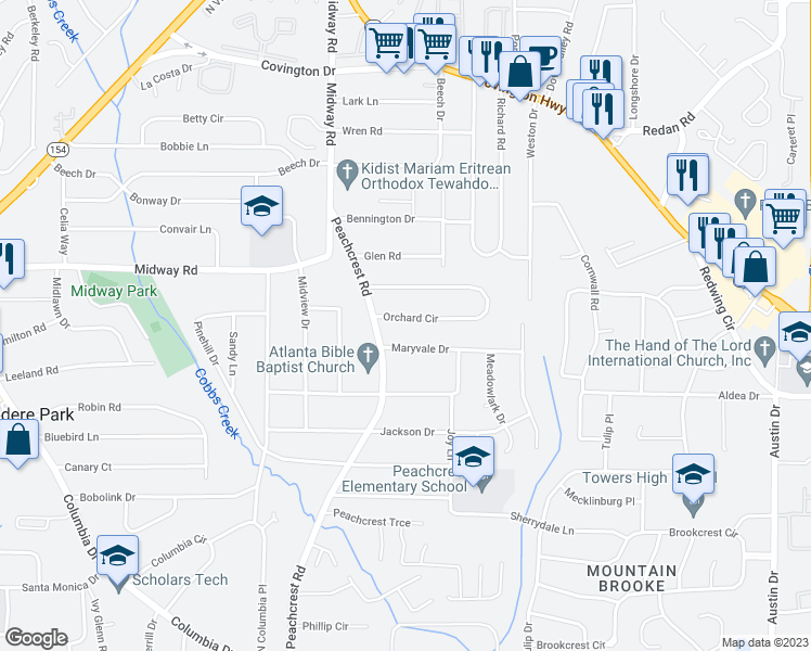 map of restaurants, bars, coffee shops, grocery stores, and more near 3624 Orchard Circle in Decatur