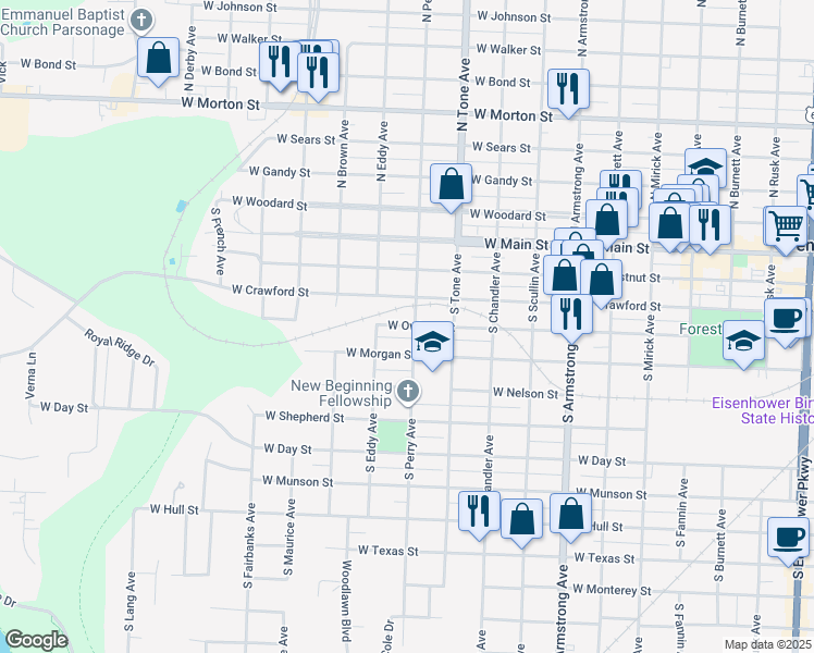 map of restaurants, bars, coffee shops, grocery stores, and more near 1222 West Owings Street in Denison