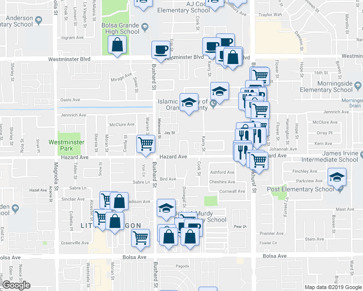map of restaurants, bars, coffee shops, grocery stores, and more near 9619 Hazard Avenue in Garden Grove