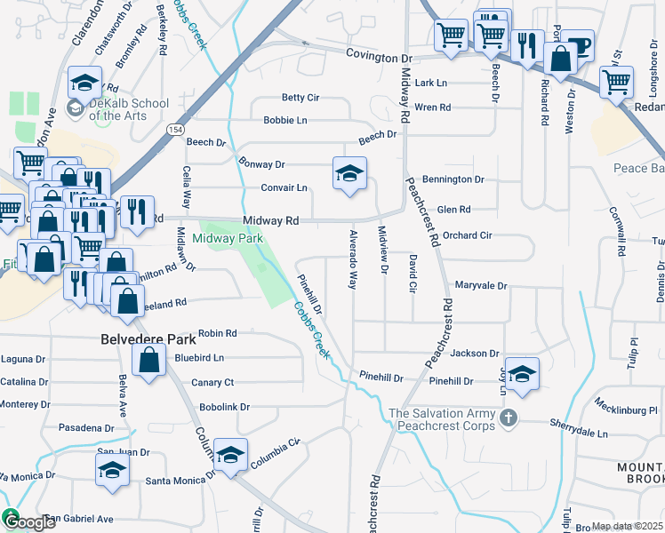 map of restaurants, bars, coffee shops, grocery stores, and more near 1380 Sandy Ln in Decatur