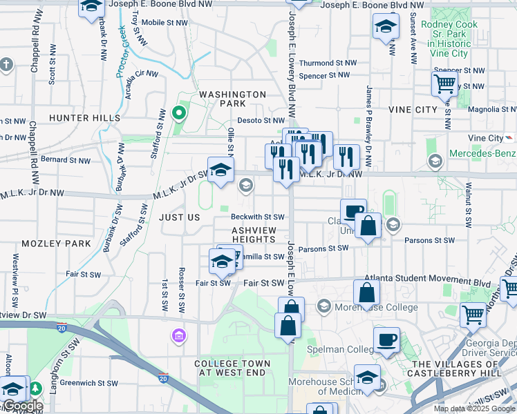 map of restaurants, bars, coffee shops, grocery stores, and more near 66 Whitehouse Drive Southwest in Atlanta