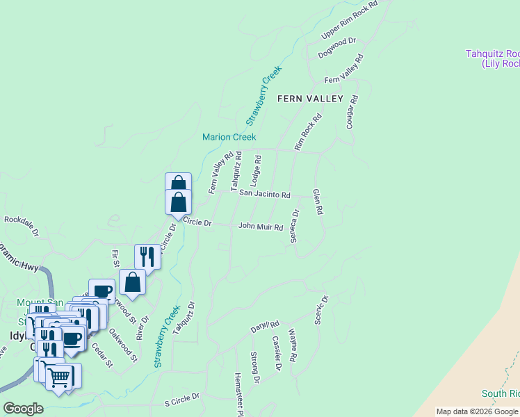 map of restaurants, bars, coffee shops, grocery stores, and more near 25430 Palomar Road in Idyllwild-Pine Cove